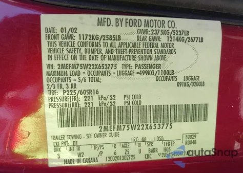 2002 Mercury Grand Marquis Ls Premium/Ls Ultimate/Lse из США, поврежденный, VIN 2MEFM75W22X653775